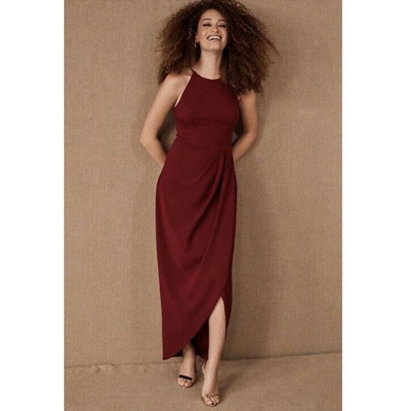 BHLDN Marceau High-Low Crepe Tulip Dress in Bordeaux Red Burgandy Size 12 - Picture 1 of 16